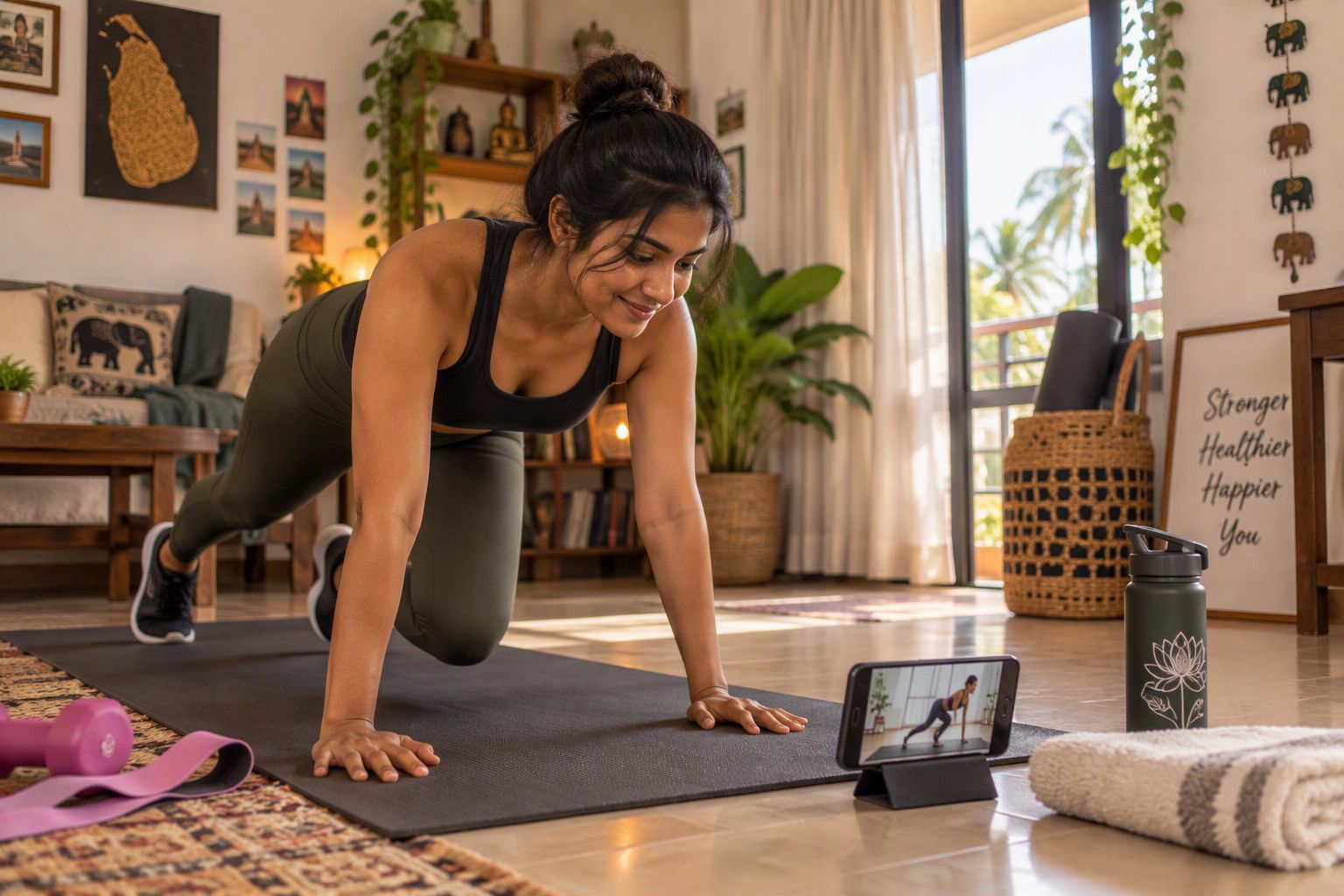 A woman following a home workout on her phone in a bright living room