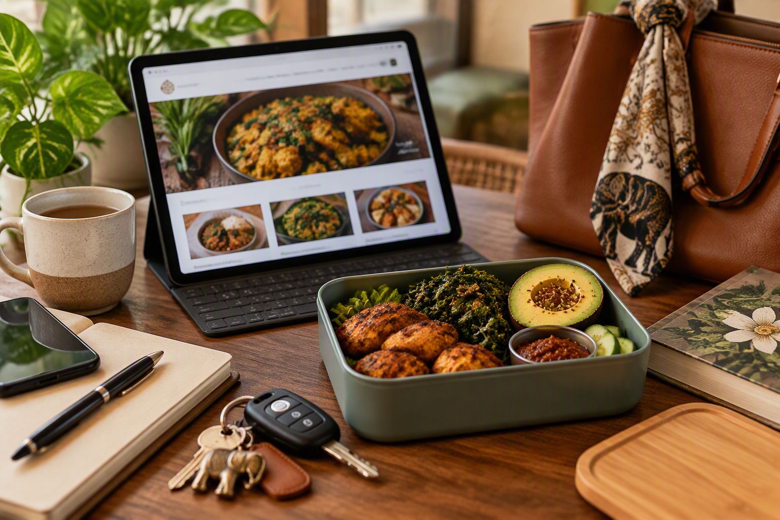 A packed Sri Lankan lunch beside a tablet showing recipes