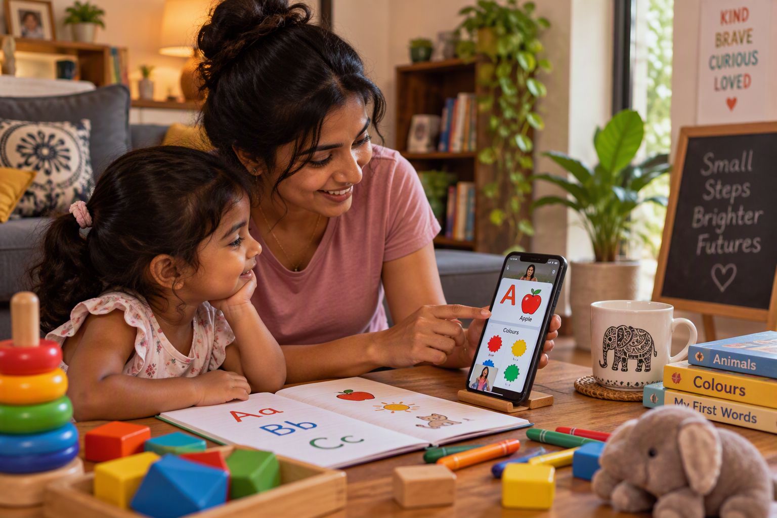 A mother and child learning letters together at home